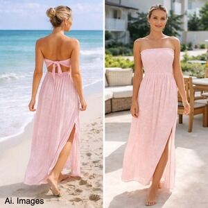 Ice Pink Smocked Strapless Maxi Dress Tie Back Slits Beach Boho NWT Sz S READ